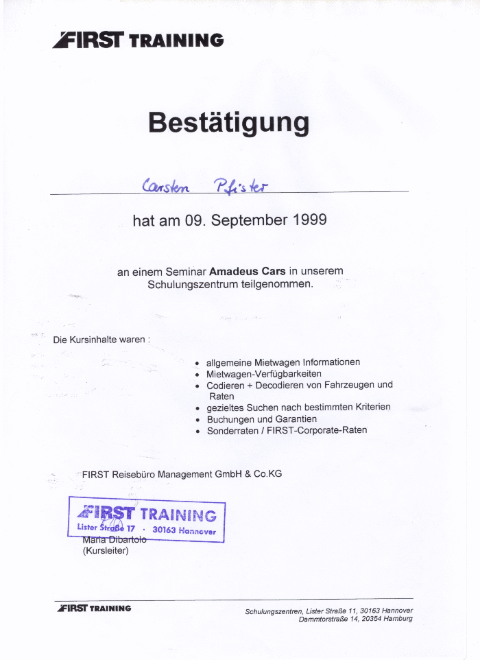 Amadeus Cars Besttigung